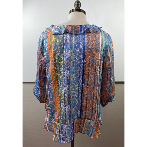 Ruby Rd. Womens Blue Orange Paisley Print Sheer Blouse With Ruffle Front Size XL - Picture 2 of 7